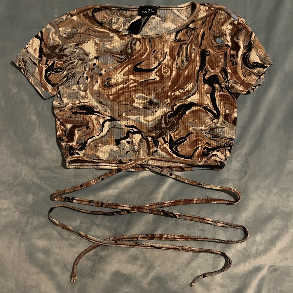 Rue21 Marble Patterned Crop Top with Wrap Ties